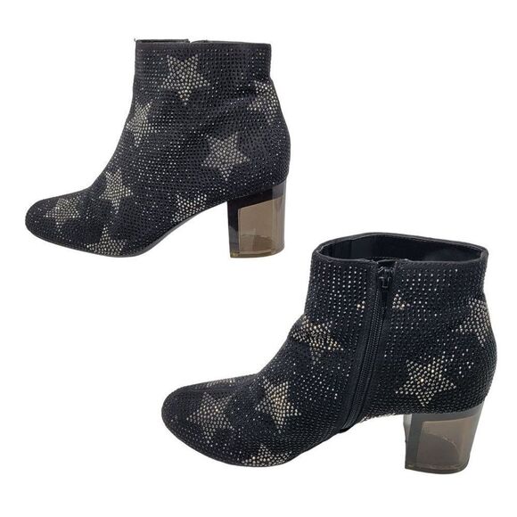 INC Floriann5 Ankle Booties 10 Black Sparkle‎ Silver Star Chunky Heel Holiday - Picture 7 of 11